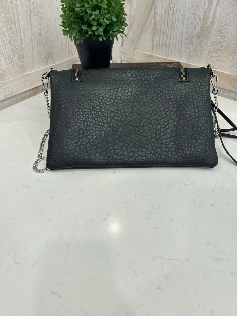 Black Textured Crossbody Bag with Chain Strap